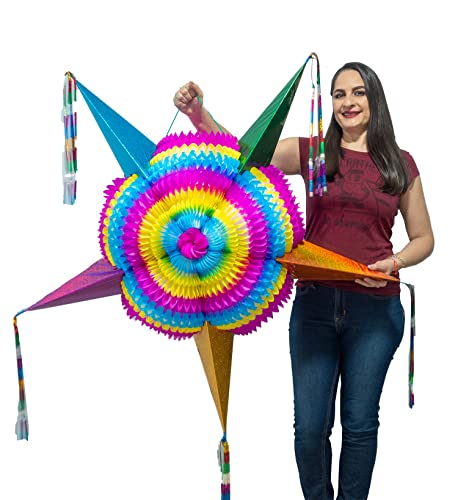 Celly Giant Multi Colors Star Pinata, 52 Inch Foldable Mexicana, Dia de Los Muertos Halloween Birthday Party Decoration, Holds 6 lbs Candy