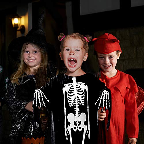 BigOtters Halloween Skeleton Costume, 2PCS Ghost Bones Horror Costume and Skeleton Gloves for Boys Girls Cosplay Child Favor Halloween Dress up Dance Party Black