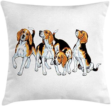 KLYDH Beagle Throw Pillow Cushion Cover, Four Beagle Hounds Siblings Playing Foxhound I Love My Dog Breed Theme, Decorative Square Accent Pillow Case, 18 X 18 inches, Brown White and Black