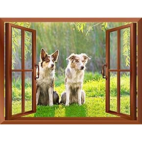 Two Dogs on The Grass Outside of an Open Window | Removable Wall Sticker/Wall Mural - 24"x32"