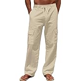 TAFLE Men's Linen Pants Casual Cargo Pants Elastic Drawstring Waist Straight-Legs Summer Yoga Beach Long Pants with Pockets