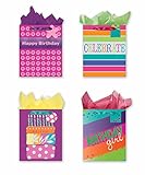 4 Large Party Gift Bags, Birthday Gift Bags - Set of 4 Happy Birthday Gift Bags w/Tags & Tissue Paper