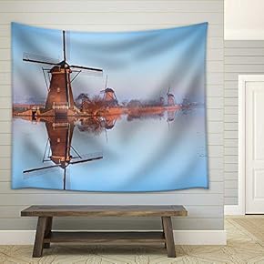 Traditional Dutch Windmills Reflected in Perfectly Still Water - Fabric Wall Tapestry Home Decor - 51x60 inches