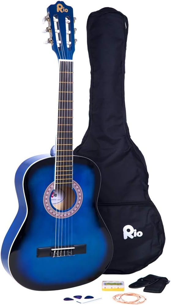 Rio 1/2 Size Blue Acoustic Classical Guitar Pack For Junior Beginners - Suit 6 To 8 Years - Inc Bag, Strap, Picks, Pitch Pipes