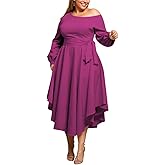 Plus Size Formal Dresses for Women Off Shoulder Long Sleeve Boat Neck Irregularly Flowy Midi Church Dress