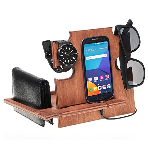 Docking Station Walnut, Cell Phone Stand for Men - Wooden Desk Organizer for Devices