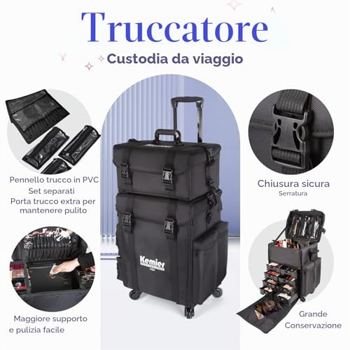 Kemier - 2 in 1 Omnidirectional Wheels Professional Soft Side Makeup Case Wheeled Makeup Case Cosmetic Organizer with Drawers,Black
