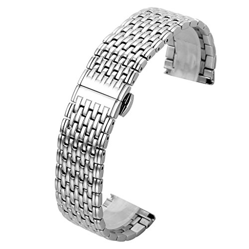 Top Plaza 20MM Silver Solid Stainless Steel Straight End Link Bracelet Wrist Watch Band Strap Replacement Double Push Spring Butterfly Deployment Clasp 9 Rows Metal Strap