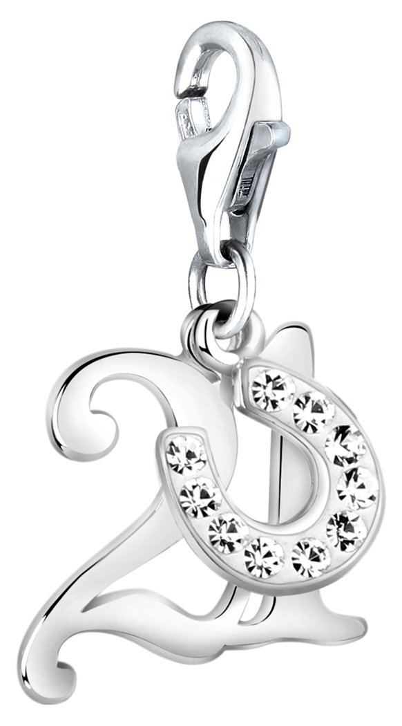 Nenalina Charm Number 21 and Horseshoe Pendant, with Crystals, for All Brands of Charm Bracelets and Necklaces, Made of 925 Sterling Silver, 716257-001