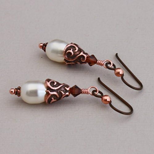 Dark copper Niobium with Cream pear pearls and TierraCast bead caps handmade Niobium earrings