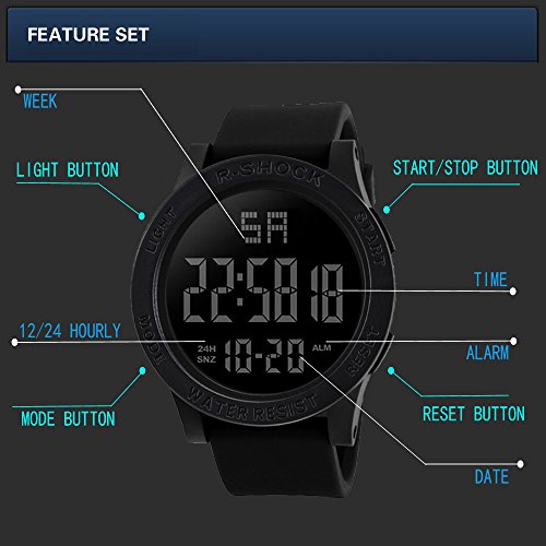 Quartz Wristwatches,Fashion Waterproof Men's Boy LCD Digital Stopwatch Date Rubber Sport Wrist Watch,Black