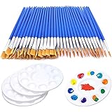 60Pcs Flat Paint Pallet Brush with 5 PCS Round Paint Tray Palettes for Kids,Children Paint Brushes Nylon Hair Small Brush Acr