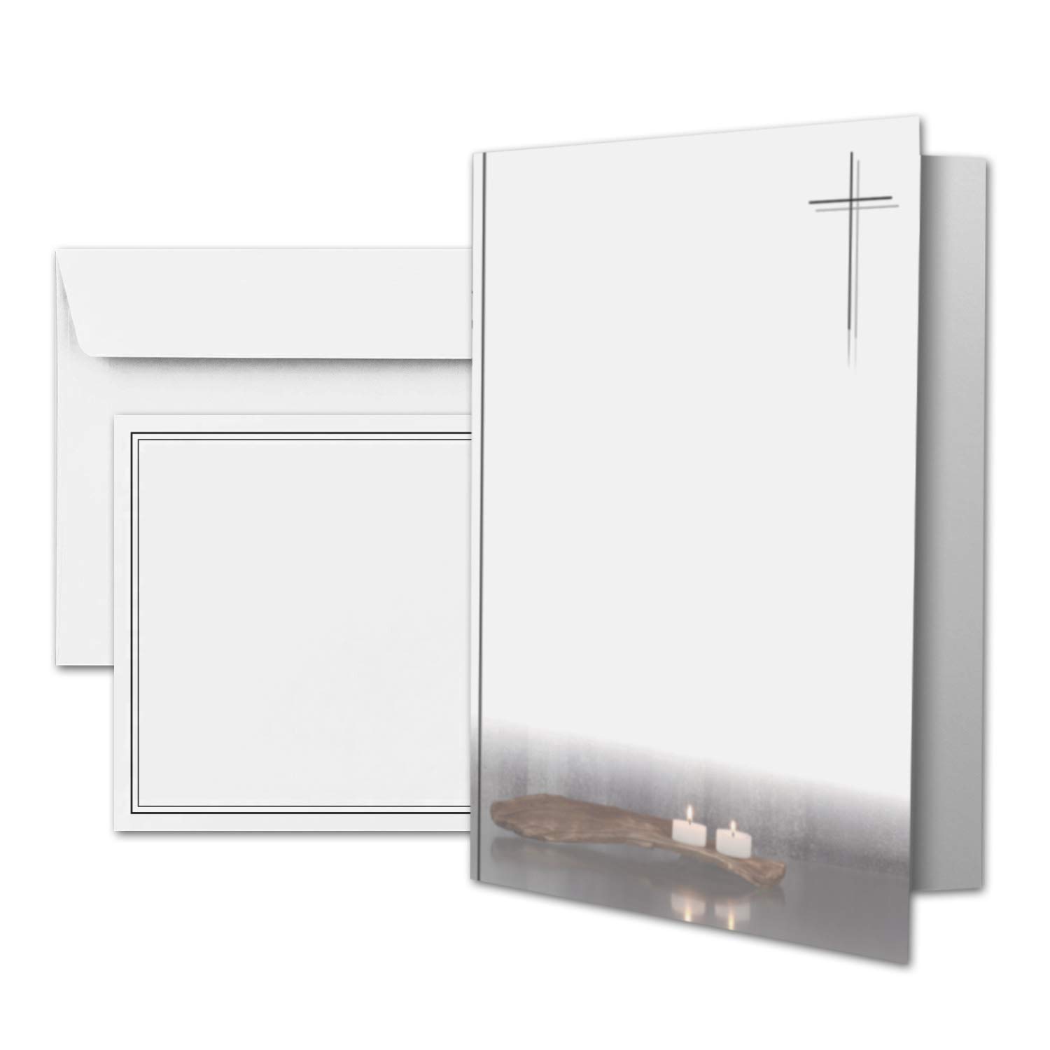 50 x condolence card DIN A6 motif candles on wood + mourning envelopes DIN C6 - black mourning double frame - 10.5 x 14.8 cm - double card printable - condolence set for thank you, invitation,