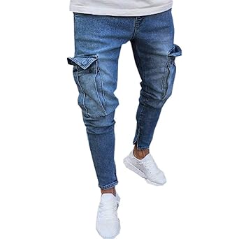 Beonzale Hosen Herren Stretch Denim Distressed Ripped Freyed Pocket Jeans Laufhose Sweathose Slim Fit Jogging Hose