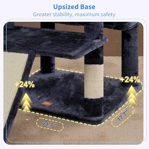 Heybly Tall Cat Tree for Large Cat, 80-inch Multi-Level Cat Tower for Indoor Cats with Large Baseboard, Condo Furniture with 2 Widened Plush Perches,Scratching Board and Big Caves, Smoky Gray HCT038G