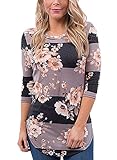 ONLYSHE Women's Round Neck 3/4 Sleeve Casual Striped T-Shirts Floral Print Blouse Tops