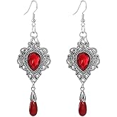 Victorian Red Rhinestone Teardrop Dangle Drop Gothic Earrings for Women Vintage Punk Gemstone Crystal Goth Vampire Hook Earring Dark Halloween Jewelry Mystic Witch Cosplay Accessories