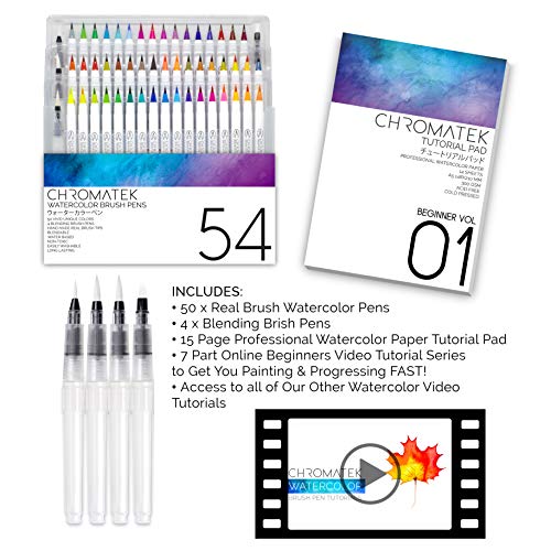 54-Watercolor-Brush-Pens-15-Page-Pad-Online-Video-Tutorial-Series-by-Chromatek-Real-Brush-Tip-4-Blending-Brushes-Easily-Blendable-Vivid-Smooth-50-Unique-Colors-Professional-Art-Supplies