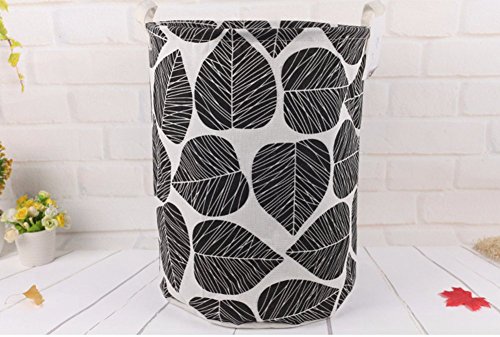 TIBAOLOVER 19.7" Large Sized Waterproof Foldable Canvas Laundry Hamper Bucket with Handles for Storage Bin,Kids Room,Home Organizer,Nursery Storage,Baby Hamper with Stylish Leaf Design(Black)