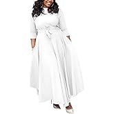Baczoe Plus Size Dress for Curvy Women Stretch Self Tie A-Line Maxi Dress with Pockets Swing Long Outfit