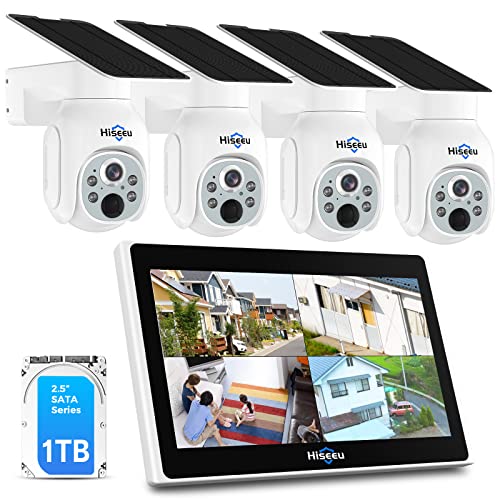 Hiseeu Solar Camera Outdoor, 4PCS 4MP Wireless Security Camera System with 10in LCD, 2-Way Audio, PT 360, Night Vision, Motion Detection, 10CH Expandable, 2.4G WiFi