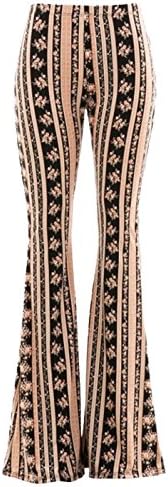 Daisy Del Sol High Waist Gypsy Comfy Yoga Ethnic Tribal Stretch 70s Bell Bottom Flare Pants (Medium, Black/Peach)