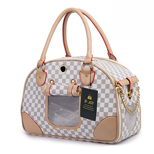Fashion Dog Carrier PU Leather Dog Handbag Dog Purse Cat Tote Bag Pet Cat Dog Hiking Tasche (L(42cm29cm18cm), White)