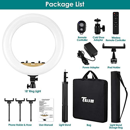 TBJSM Ring Light Kit 18 inch 6000K Dimmable LED Ring Light with Light Stand Carrying Bag Cold Shoe Adapter for Camera Smartphone iPad YouTube TikTok Self-Portrait Shooting Black