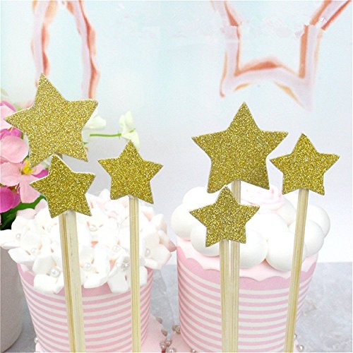 36 Pcs Twinkle Gold Star Cupcake Toppers DIY Glitter Mini Birthday Cake Snack Decorations Picks Suppliers Party Accessories for Wedding Baby Shower - Thumbnail 3