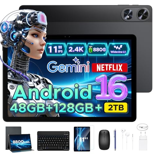 POPUX P11 Pro Tablet Android 16, 2.4K 90Hz Tablet 11 Pulgadas con Gemini AI, 48GB RAM+128GB ROM, Tablets T7250 Octa-Core, 13MP+5MP, 8800mAh, 5G WiFi, Auriculares, Tablets con Teclado&Lapiz, Negro