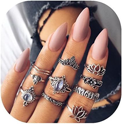 Amxuelm 10 Pcs Women Mid Ring Set Hollow Flower Lotus Rhinestone Joint Knuckle Nail Midi Ring Set