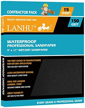 LANHU 150 Grit Sandpaper for Wood Furniture Finishing, Metal Sanding and Automotive Polishing, Dry or Wet Sanding, Multipurpose Sandpaper, 9 x 11 Inches, 15-Sheets
