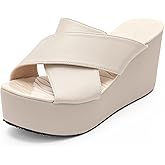 CYBLING Leisure Platform Slides for Woman Peep Toe Wedge Mules Elegant Party Criss Cross Slip on High Heel Slide Sandals (10, Beige, numeric_10)