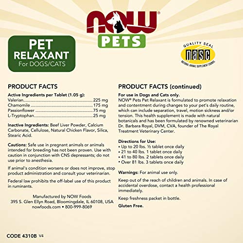 NOW Pet Health, Pet Relaxant Supplement, Formulated for Cats & Dogs, NASC Certified, 90 Chewable Tablets