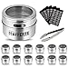 Magnetic Spice Tins (Set of 12) & 120 Spice Labels & Cooking tongs Stainless Steel Storage Container Jars Clear Lid with Sift & Pour for Small Kitchens. Rack Magnetic on Fridge