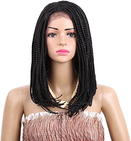 3X Box Braid16 inch Front Lace Wigs Natural Side Full Braids Front Lace Braid wig for Black Women (Black)