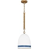 Hinkley Nash Single Light Pendant Light, Bell-Shaped Ceramic Shade, Hand-Painted Navy Stripe, Jute Rope Detail, Off-White Cer