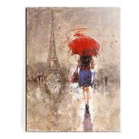 Canvas Wall Art- Canvas Print "Red Umbrella Walking on Paris" Modern Landscape Oil Painting Picture Canvas Art Size 12x16inch for Wall decor/Office Decor /Home Decoration -P1L009