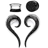 0 Gauge Black Ink Glow in the Dark Teardrop Glass Spiral Taper (8mm) - 4 Pieces