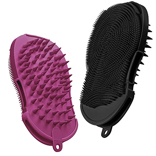 HEETA 2 Pack Silicone Body Scrubber and Hair Shampoo Brush, 2 in 1 Upgrade Scalp Massager Exfoliating Brush for Skin and Scalp Care - Silicone Loofah with Gentle Massage Nodes (Black & Purple)