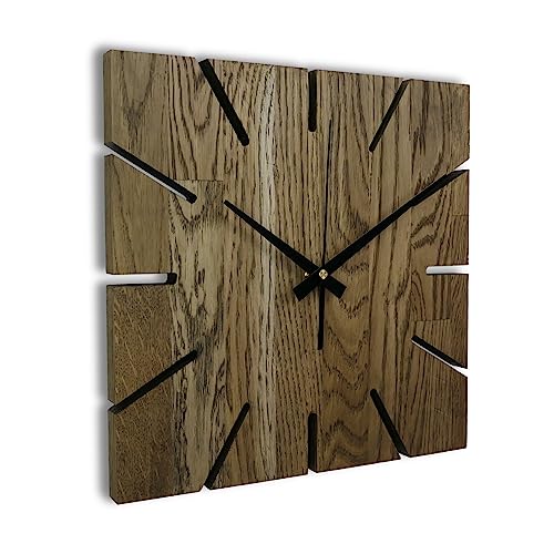 SENTOP Wanduhr für die Wand MAS008 aus echtem Eichenholz, große Wanduhr aus Holz, Moderne Wanduhr aus echter Eiche, hängende Dekoration, quadratisch (Farbe Eiche - Braunerde, 50x50x2 cm)