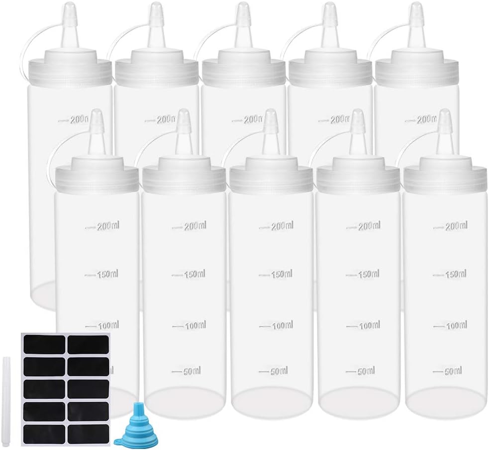 Simplebreeze 10pcs 8oz Squeeze Condiment Bottles with Attachable Cap Lid, with Extra 1 Silicone Funnel, 10 Chalk Labels and 1 Pen, for Kitchen Condiments