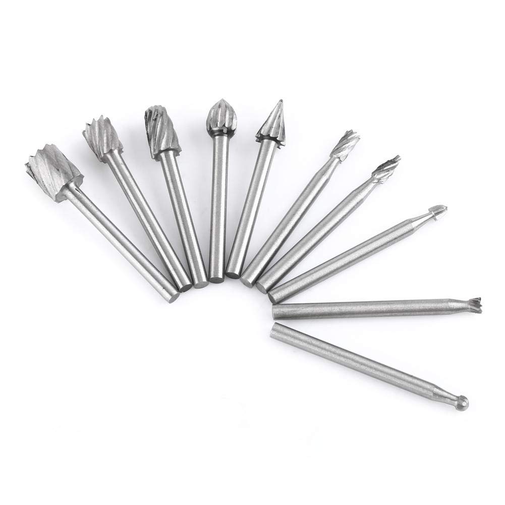 Rotary Burr Set, 10pcs Rotary Carving Tool Accessories with 1/8” Shank, Engraving Grinding Drill Bit Rotary Burrs Set for DIY, Woodworking, Engraving, Metal Carving, Drilling, Polishing