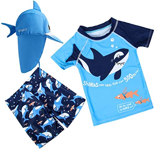 Baby Toddler Boys Two Piece Rash Guard Swimsuits Kids Short Sleeve Sunsuit Swimwear Sets with Hat UPF 50+ Blue Shark (18-24 Months)