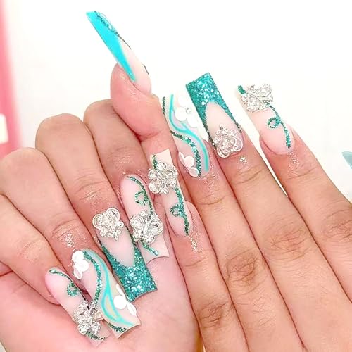 EYZOTSF Press on Nails Medium Square Shaped Acrylic Medium Square Shaped False Nails with Designs Artificial Short Coffin Fake Nails with Charms Glue ons Fingernails for Women Girls(K918) at Amazon