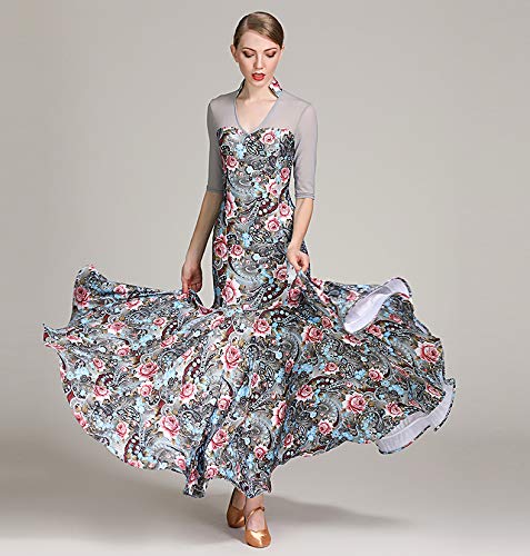 手数料安い Vネックワンピース 花柄 レース袖 ロング丈 モダン スケスケダンス衣装 社交ダンス 半袖ワンピース ワルツ専用 ドレス 練習用 演奏会 舞台衣装 B07j3648zn Large グレー グレー Large 好評 Betonvest Betontimisoara Ro