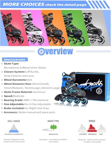 2PM Sports Adjustable Inline Skates for Girls and Boys Women Men, Sizes 30-33, 34-37, 38-41 and 42-44
