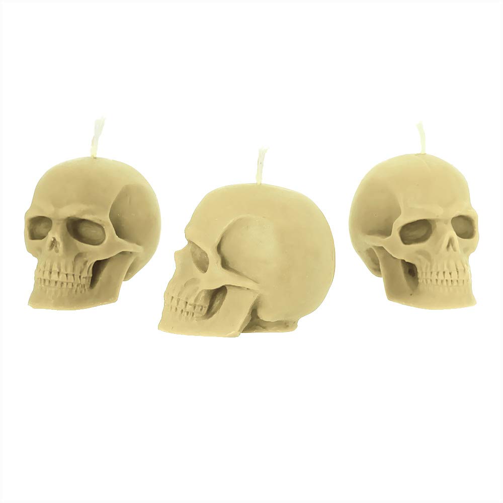 NKlaus - 3X Gothic Skull White Beeswax Candle Set - Halloween - Organic, White