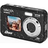 Minolta 48MP Underwater Digital Camera – 5K Ultra HD Video, Autofocus, 16x Digital Zoom, Dual LCD Screens, Selfie Front Screen, Waterproof to 13ft, Rechargeable Battery, 32GB Card (Black)