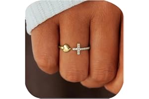 ZDIFDIC Cross Rings for Teen Girls Silver/Gold Heart Ring Cubic Zirconia Adjustable Ring Inspirational Pray Cross Heart Religious Christian Faith Jewelry Gifts for Her(Gold)6#